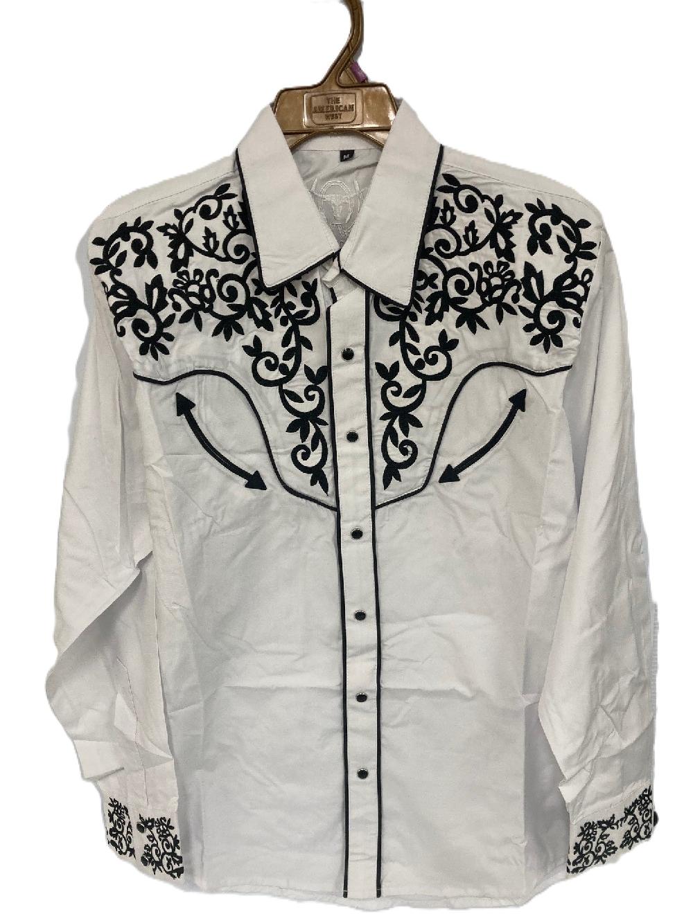 American West White Collared Men's Longsleeve Snap Shirt with Black Embroidery 1013-WB
