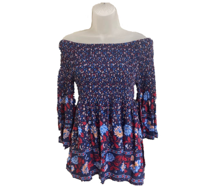 Ana & Rose Navy Floral Print Flutter Sleeve Smocked Womens Top SST19-047-203-2