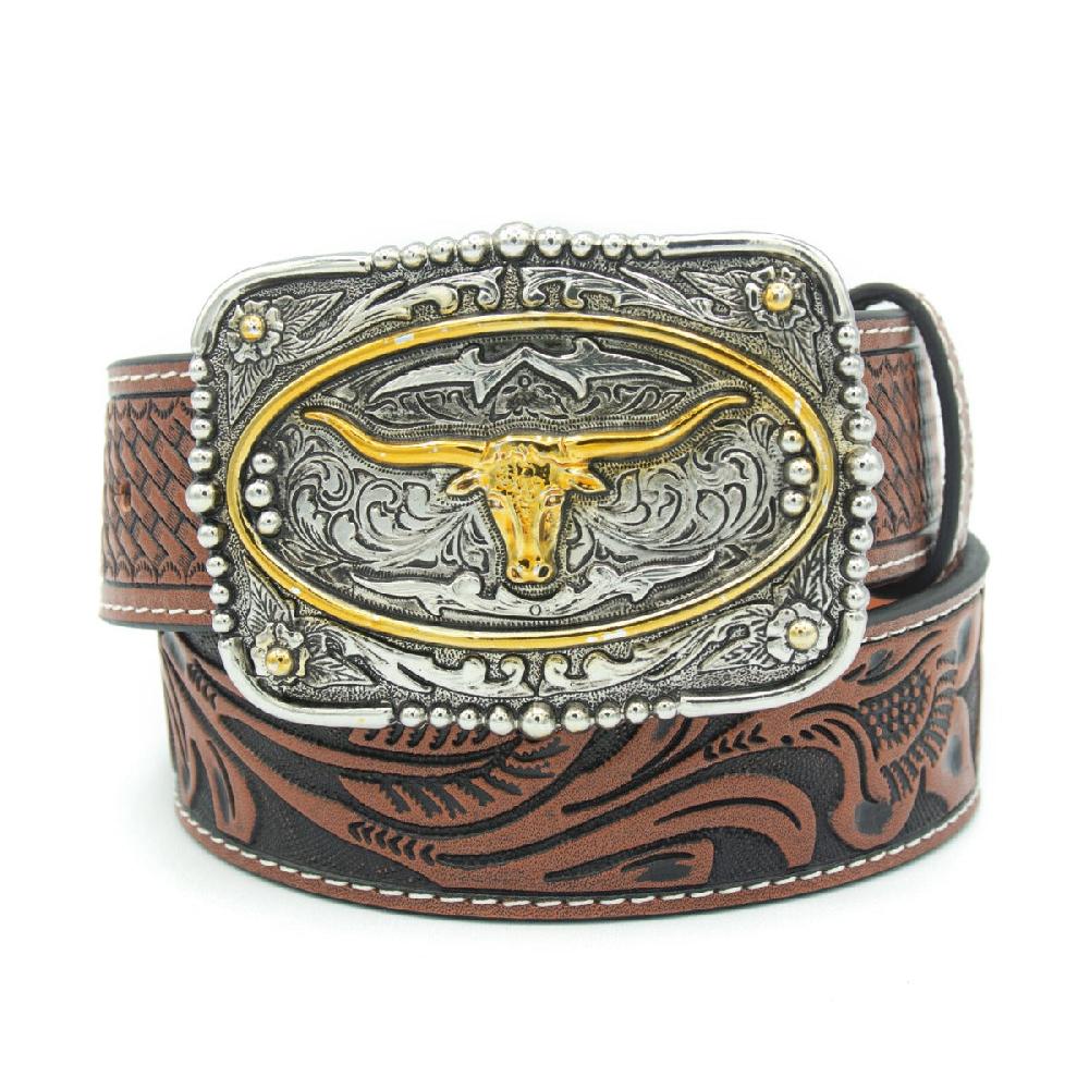 Andwest Brown 1 1/4 inch Square Longhorn Tooled Buckle Children's Belt BLT714-20