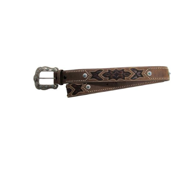 Andwest Brown 1.5 inch Tooled Inlay Ladies Belt with Turquoise Embellished Buckle BLT514-26