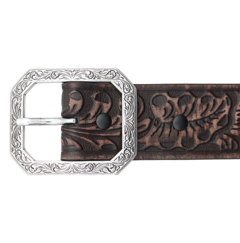 Andwest Dark Brown 1 1/2 Inch Women's Tooled Belt With Rectangular Engraved Buckle BLT516-22