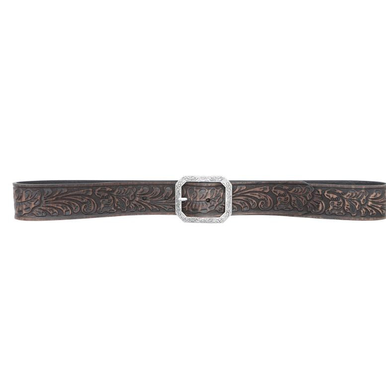 Andwest Dark Brown 1 1/2 Inch Women's Tooled Belt With Rectangular Engraved Buckle BLT516-22