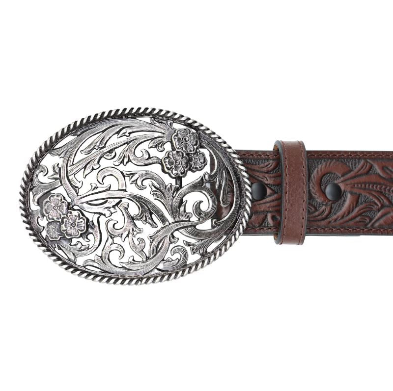 Andwest Dark Brown Women's Tooled Filigree Belt With Oval Buckle BLT518-22