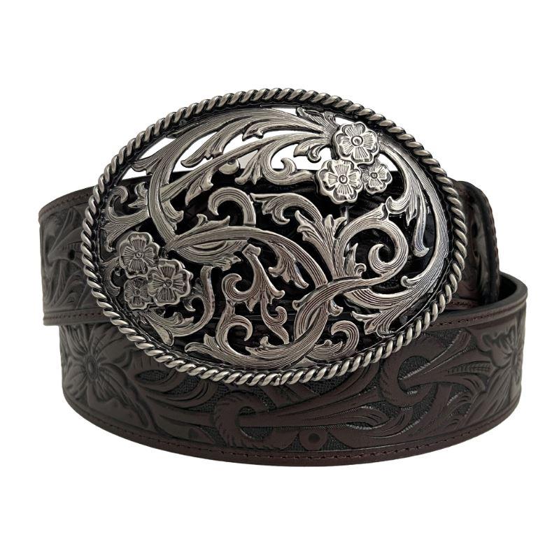 Andwest Dark Brown Women's Tooled Filigree Belt with Oval Buckle BLT518-22