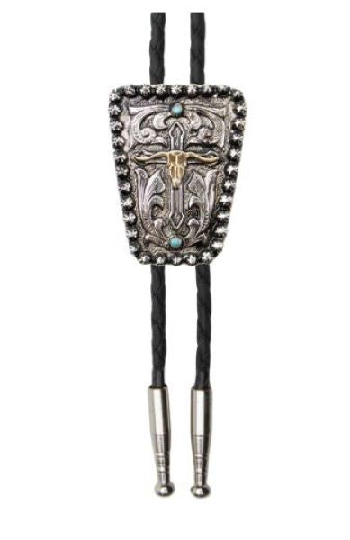 AndWest Steer Skull With Cross Bolo Tie BOL176