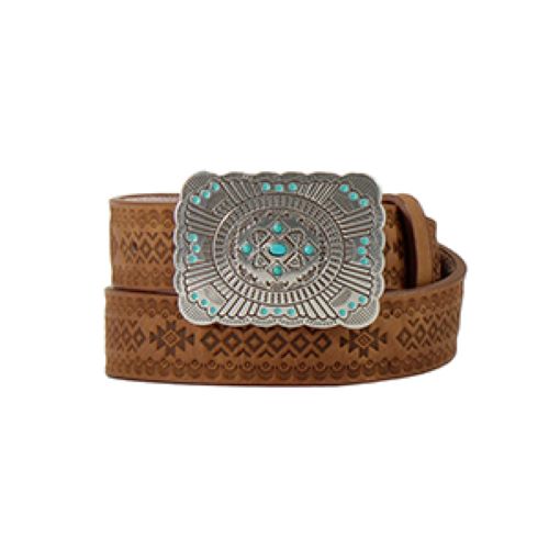 Angel Ranch Brown Girls Belt with Southwest Embossing and Antique Silver Finish Buckle DI30003802