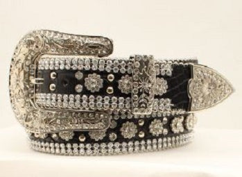 Angel Ranch Women's Black Gator Flower Concho Belt Crystals Silver Studs DA1070