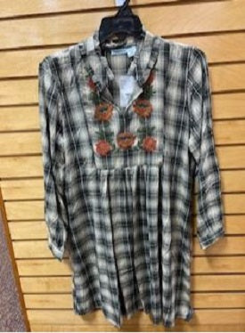 Angie Ladies Black/Grey Embroidered Bib Plaid Dress N4963-RB44-EH92