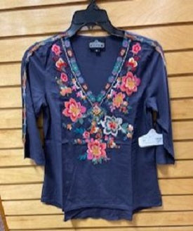 Angie Ladies Charcoal V Neck Floral Embroidered Tunic Top X2Z16-EMB