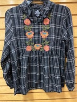 Angie Ladies Grey/Black Long Sleeve Top with Embroidery P2W89-RB43