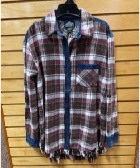 Angie Ladies Maroon Plaid Button Up Top Fringe Hem Embroidery X2AB1-PLD