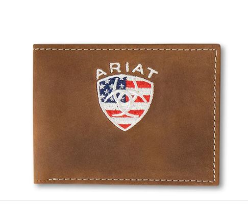 Ariat Aged Bark Men's Bifold Leather Wallet with American Flag Embroidery A35549217