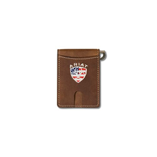 Ariat Aged Bark Men's Leather Money Clip Wallet with American Flag Embroidery A35550217