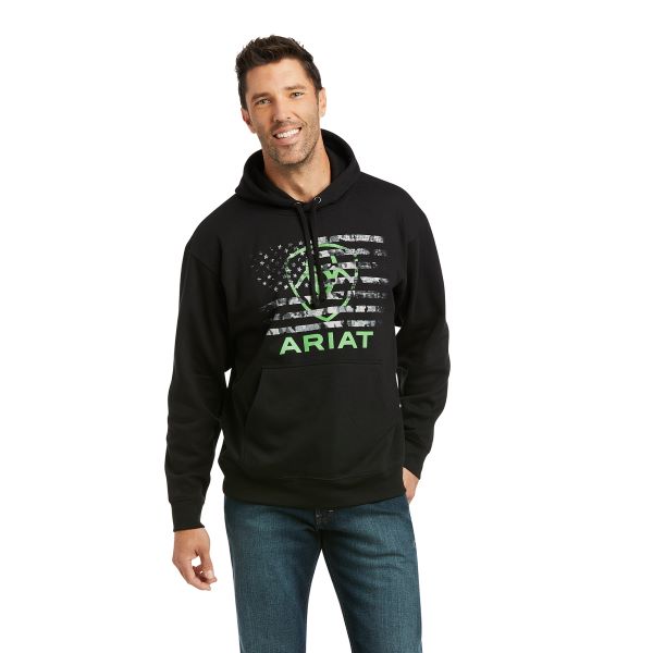Ariat Black Flag with Green Basic Hoodie Mens Sweatshirt 10037258