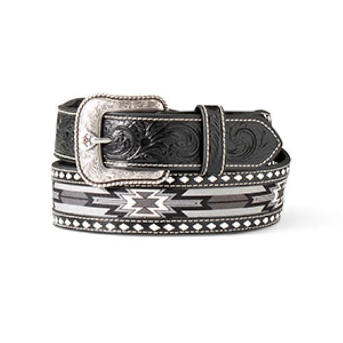 Ariat Black Genuine Leather Men's Southwestern Inlay Belt with Diamond Lacing Design A1041901