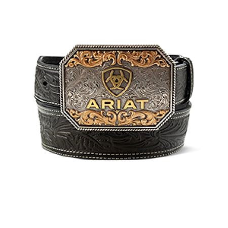 Ariat Black Men's Genuine Leather Black Tapered Belt with Buckle and Floral Embossing A1042201