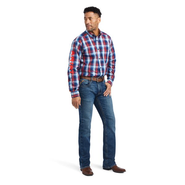Ariat Black Pro Series Team Cory Fitted Men's Shirt With Black Red Blue And White Plaid 10042359