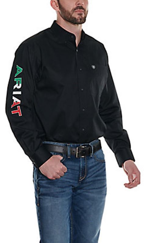 Ariat Black Twill Long Sleeve Mens Shirt with Mexican Flag Logo 10038500