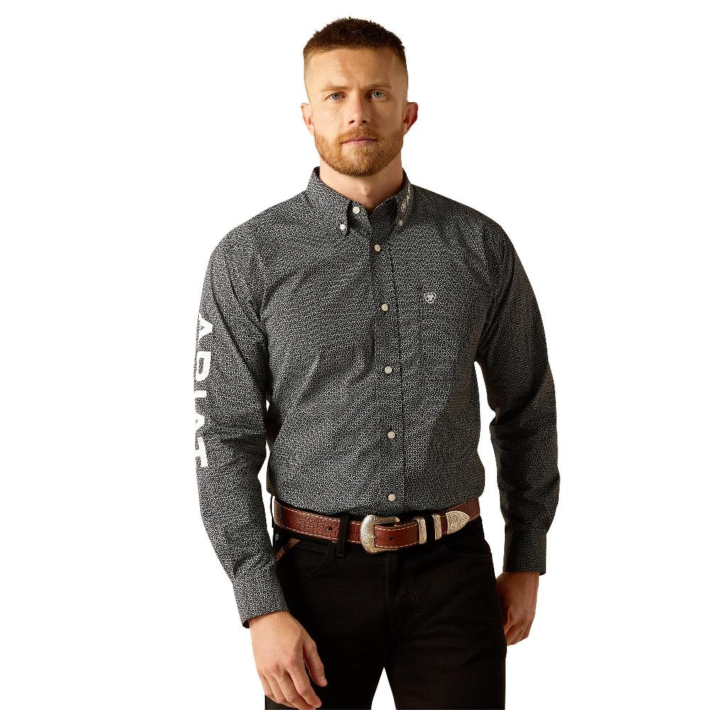 Ariat Black/White Print Team Fowler Logo Men's Collared Classic Fit Longsleeve Button Front Shirt 10058960