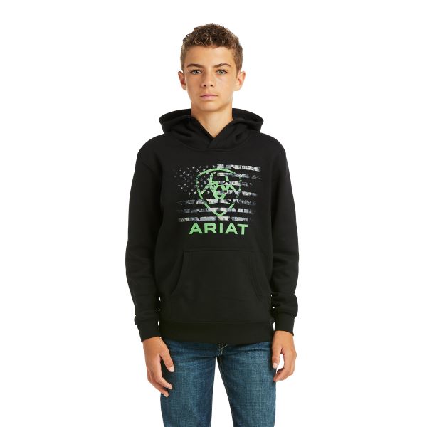 Ariat Black with Green Flag Basic Boys Hoodie Sweatshirt 10037004