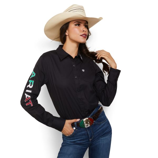 Ariat Black with Mexico Flag Embroidery Team Kirby Stretch Women's Shirt 10043552