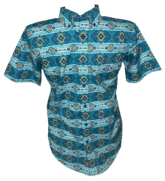 Ariat Blue Aztec Print Konner Boys Classic Fit Short Sleeve Button Down Shirt 10044025