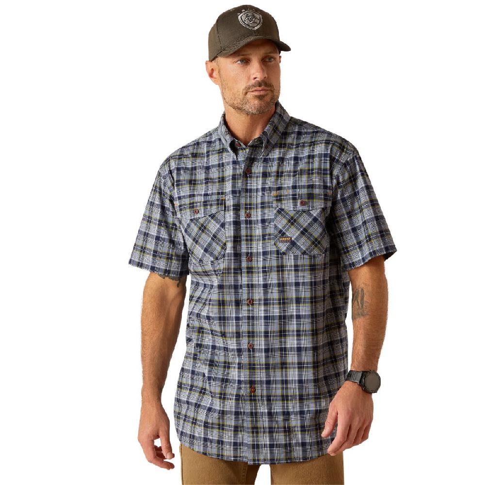 Ariat Blue Indigo Heather Plaid Rebar Made Tough DuraStretch Men's Short Sleeve Work Shirt 10048891