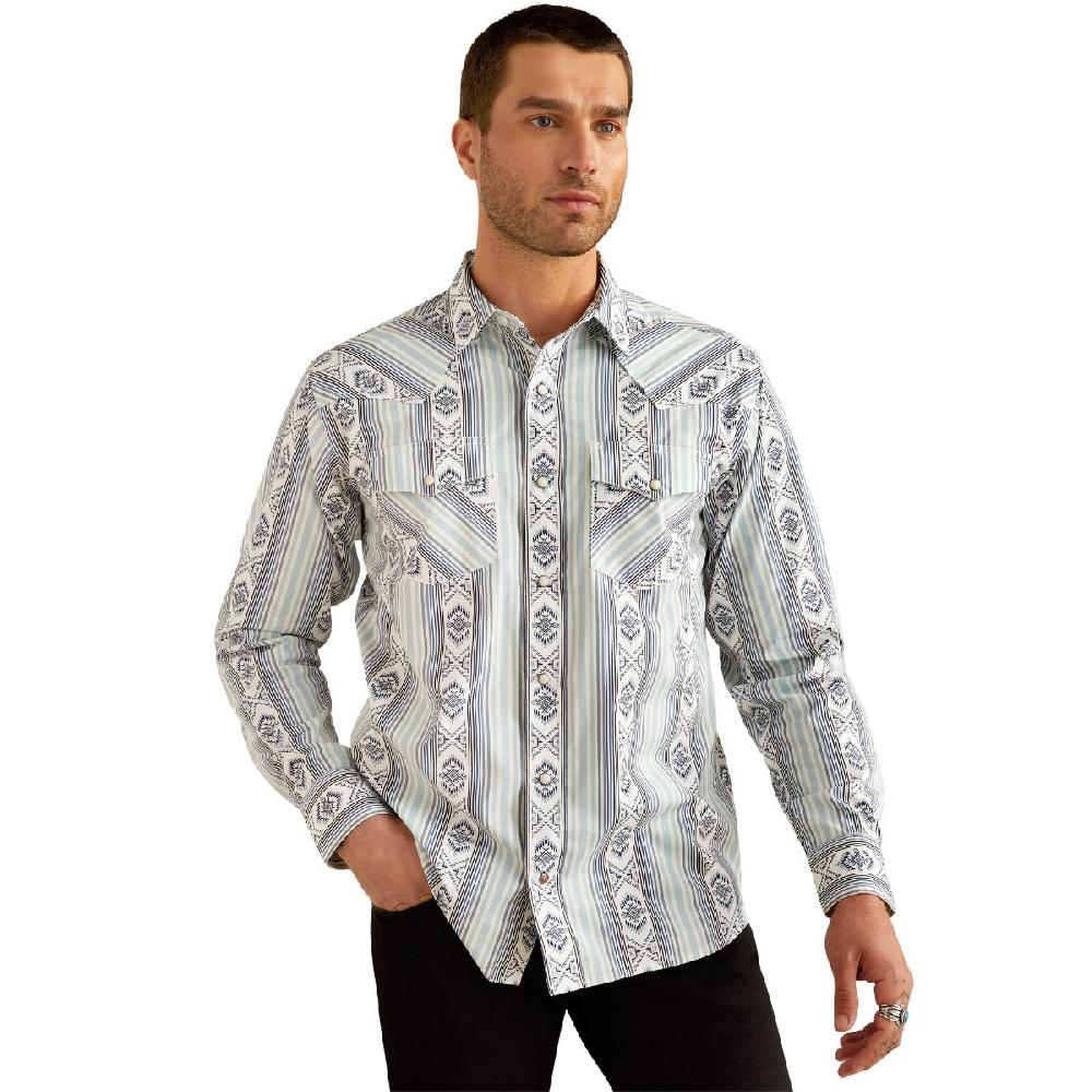 Ariat Blue/Print Heller Retro Fit Men's Collared Longsleeve Snap Shirt 10054704