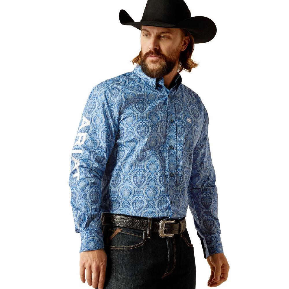 Ariat Blue/White Paisley Print Team Kellan Men's Collared Fitted Longsleeve Button Down Shirt 10052627