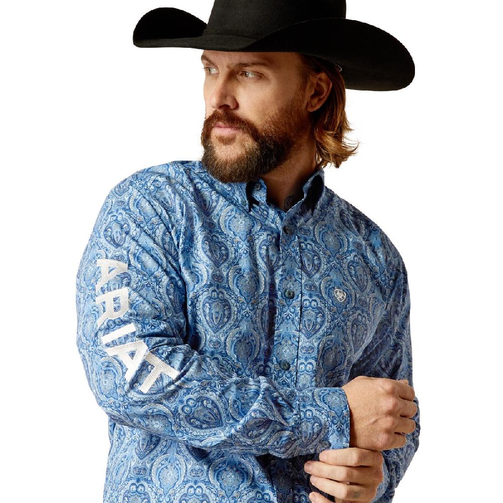 Ariat Blue/White Paisley Print Team Kellan Men's Collared Fitted Longsleeve Button Down Shirt 10052627