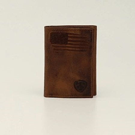 Ariat Brown Distressed USA Flag Men's Trifold Style Wallet with Ariat Shield Logo A3545402