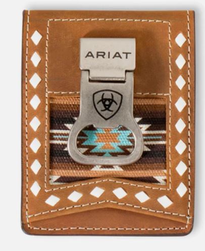 Ariat Brown Leather and Cotton Money Clip Style Men's Wallet with Southewestern Diamond Lacing Design A3559302