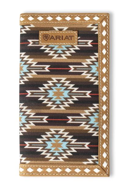 Ariat Brown Leather and Cotton Rodeo Style Men's Wallet with Southwestern Diamond Lace Design A3559102
