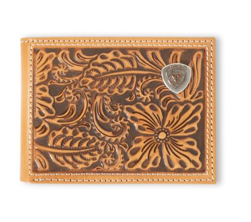 Ariat Brown Leather Bifold Style Men's Wallet with Floral Embossed Design and Removable Passcasse A3559848