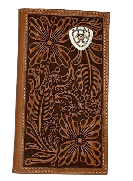 Ariat Brown Leather Men's Rodeo Style Wallet with Floral Embossed Design A3559748
