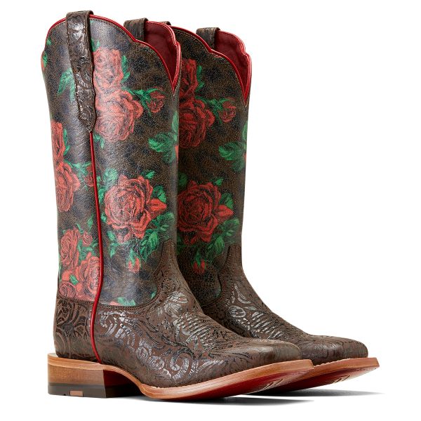 Ariat Chocolate Floral Emboss/Wild Rose Print Women's Wide Square Toe Western Boots 10046892