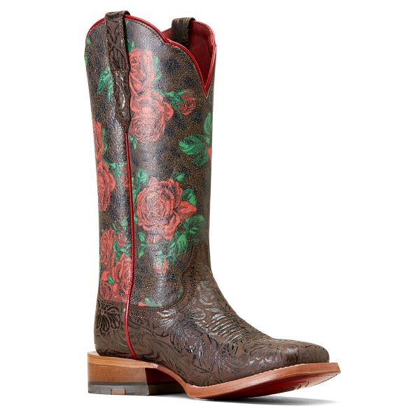 Ariat Chocolate Floral Emboss/Wild Rose Print Women's Wide Square Toe Western Boots 10046892