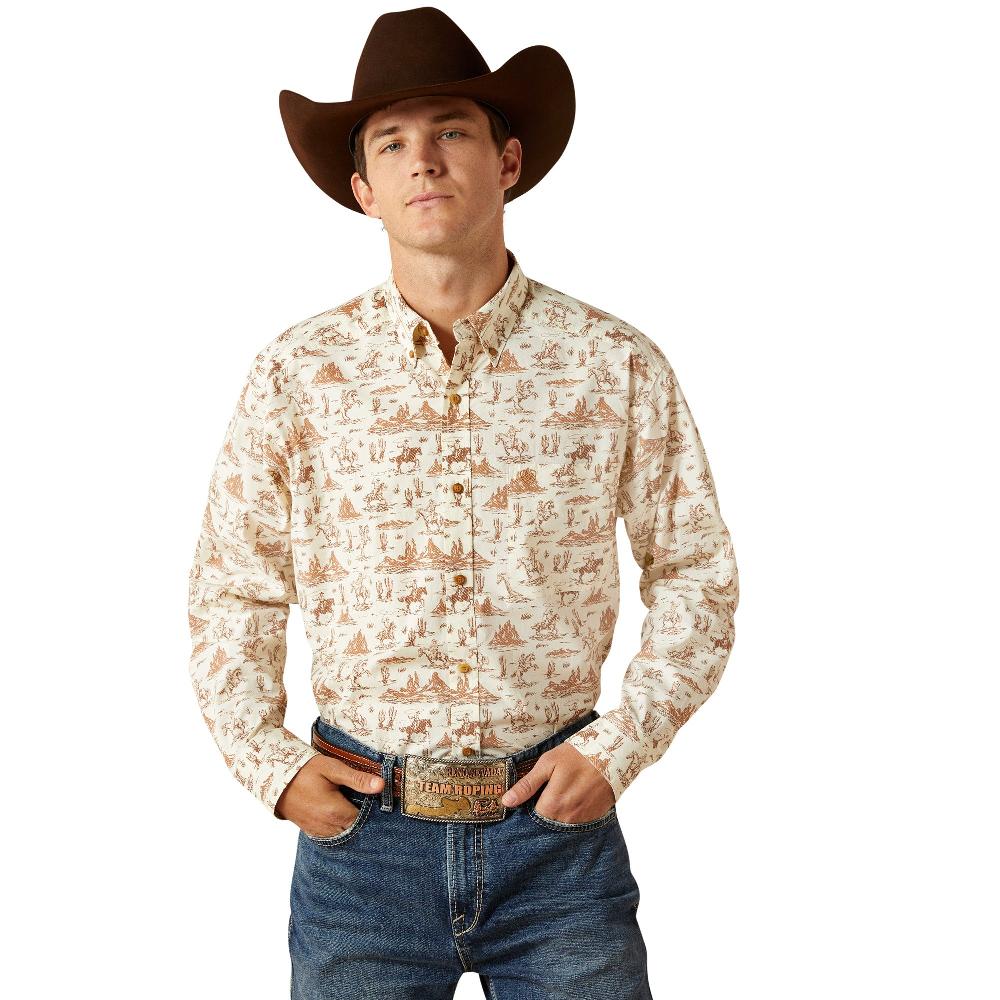 Ariat Cream with Western Scene and Rider Print Saint Men's Collared Classic Fit Longsleeve Shirt 10062242