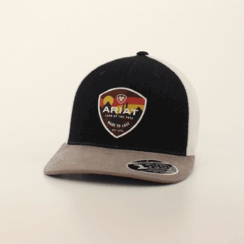 Ariat Dark Denim color Flexfit 110 Men's Cap with Grey Bill and Ariat Logo/Sunset Desert Scene Patch A300018120