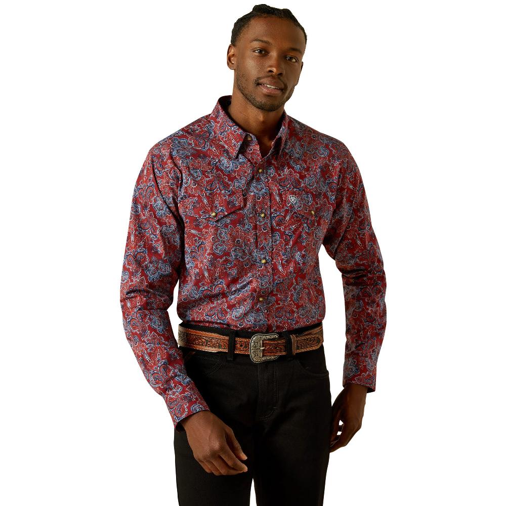 Ariat Dark Red with Print Tyrone Men's Longsleeve Collared Fitted Snap Front Shirt 10062181