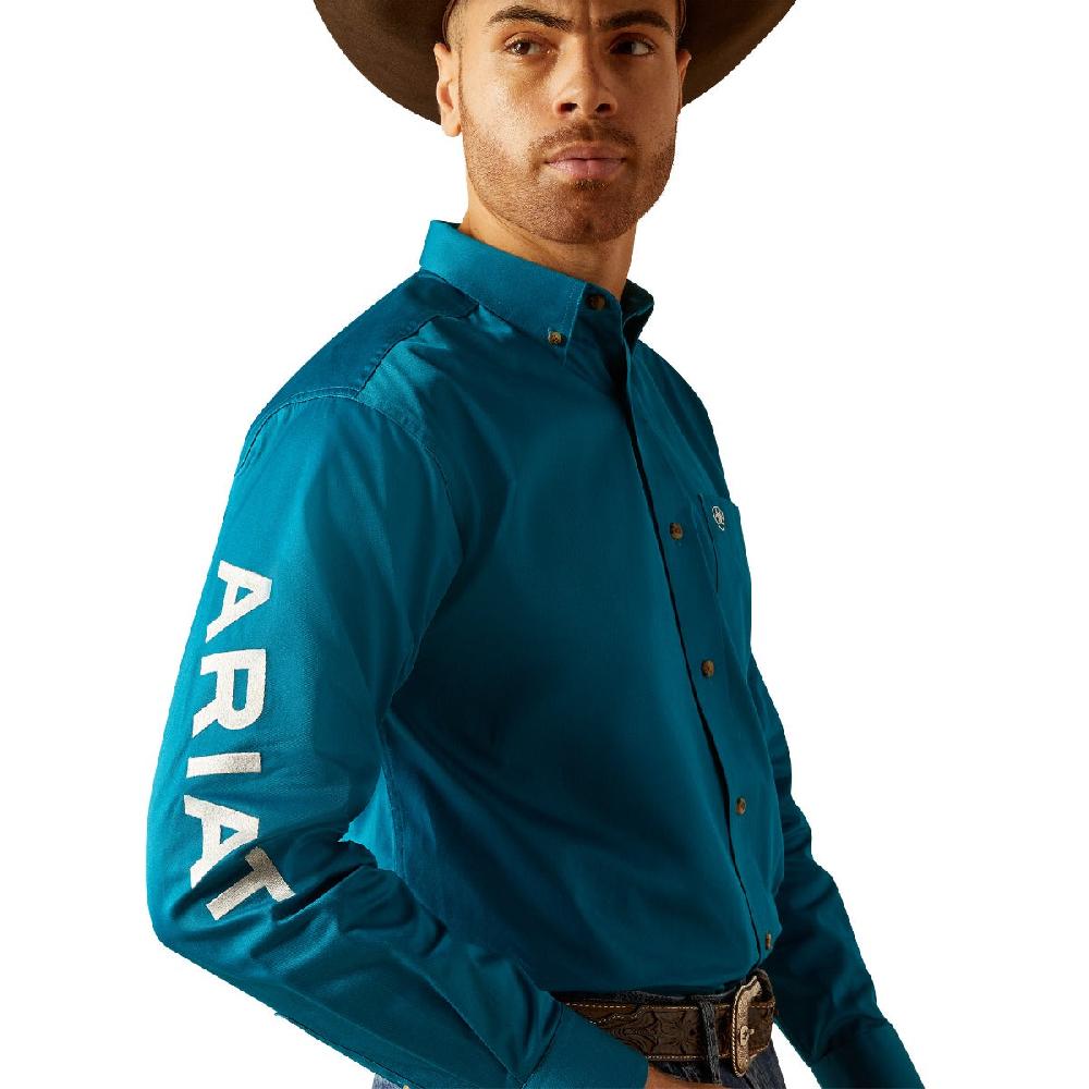 Ariat Dark Teal/White Team Logo Men's Twill Classic Fit Longsleeve Button Down Shirt 10052825