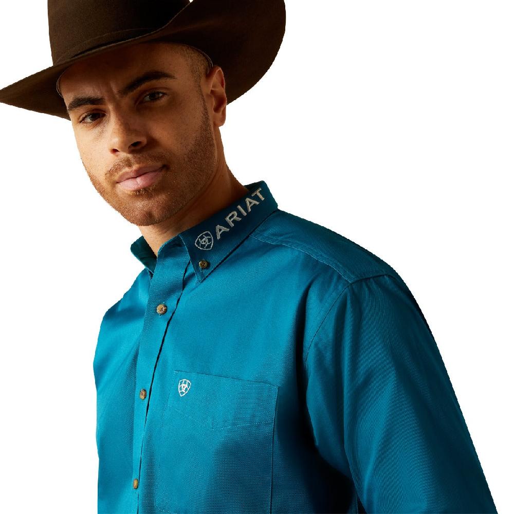 Ariat Dark Teal/White Team Logo Men's Twill Classic Fit Longsleeve Button Down Shirt 10052825