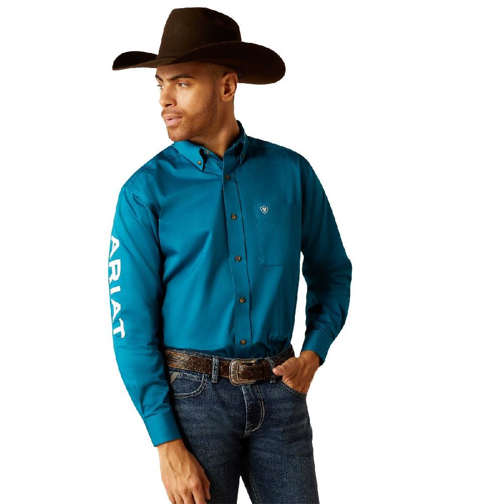 Ariat Dark Teal/White Team Logo Men's Twill Classic Fit Longsleeve Button Down Shirt 10052825