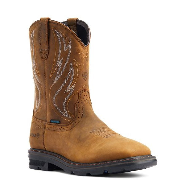 Ariat Distressed Brown Sierra Shock Shield Men's Wide Square Toe Waterproof Pull On Work Boots 10044545