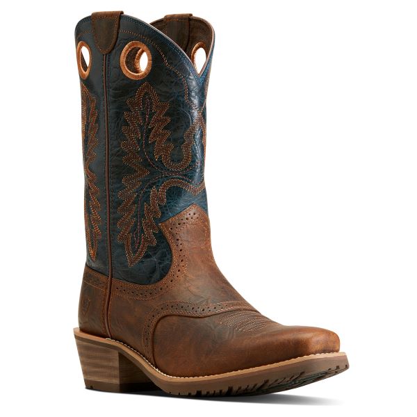 Ariat Fiery Brown Crunch/Western Blue Hybrid Roughstock Square Toe Men's Boots 10046831