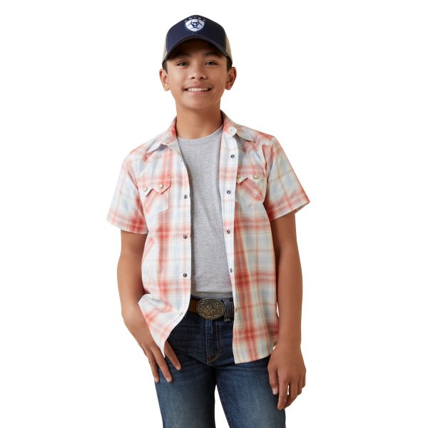 Ariat Harter Faded Brick/White (Plaid) Boys Retro Fit Short Sleeve Shirt 10045505