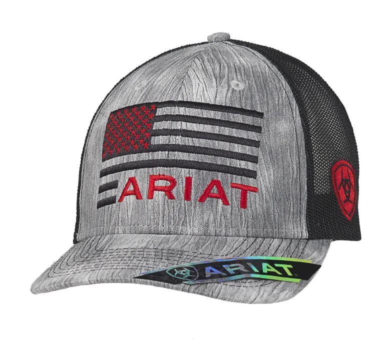 Ariat Heather Grey/Black 5 Panel Snapback Men's Cap with Logo and Embroidered Flag A300014206