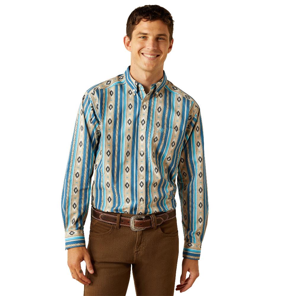 Ariat Khaki/Blue Stripes with Aztec Print Shiloh Men's Collared Classic Fit Longlseeve Button Front Shirt 10058969