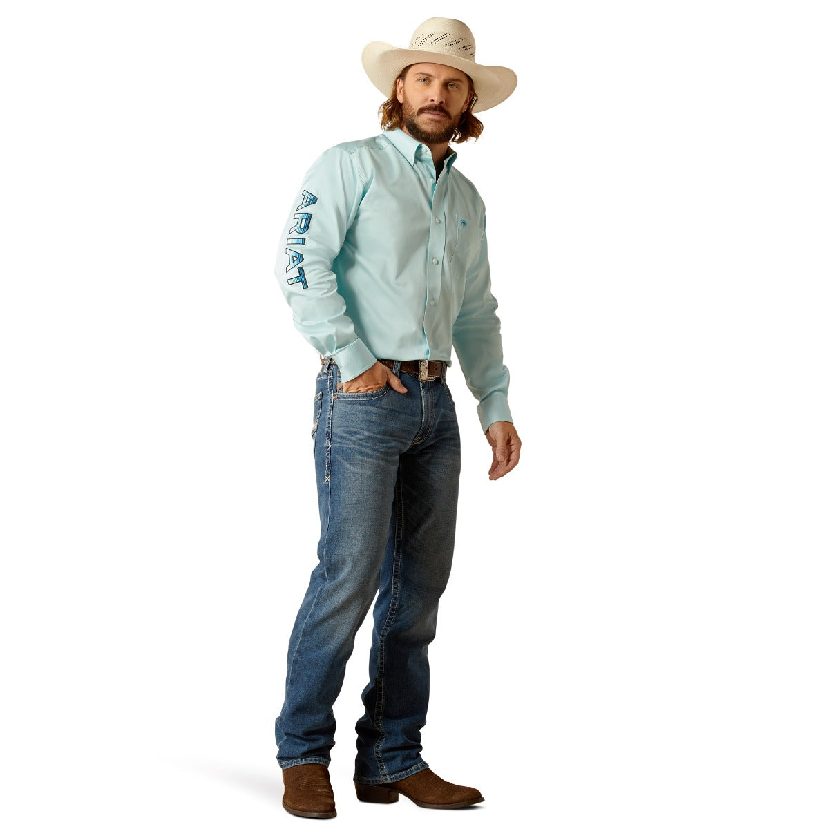 Ariat Light Aqua Team Logo Men's Twill Fitted Long Sleeve Button Down Western Shirts 10048717