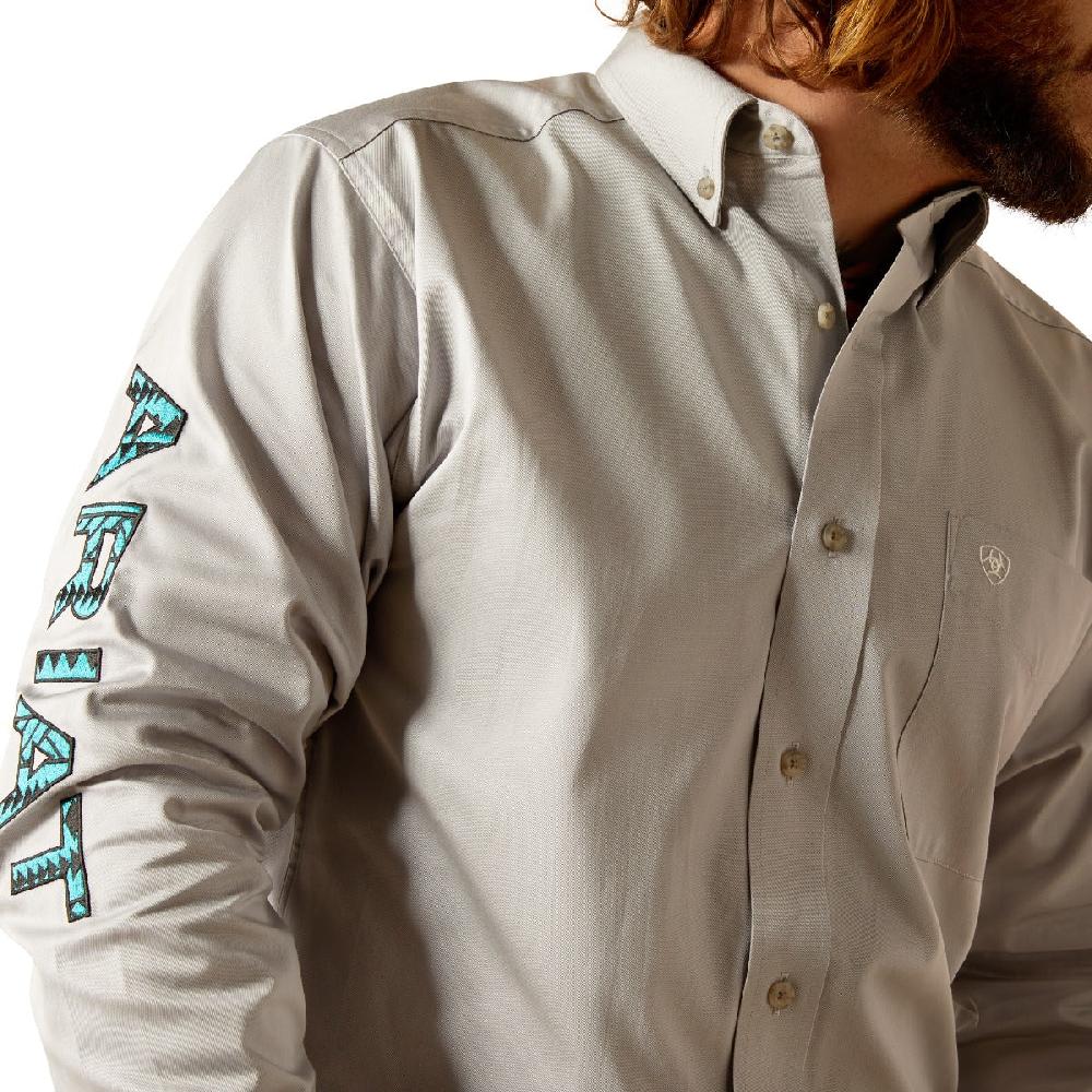 Ariat Light Grey Team Logo Men's Twill Fitted Longsleeve Collared Button Down Shirt 10048716